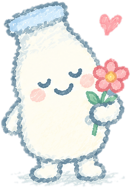 The Doodle Drinks milk mascot holding a flower